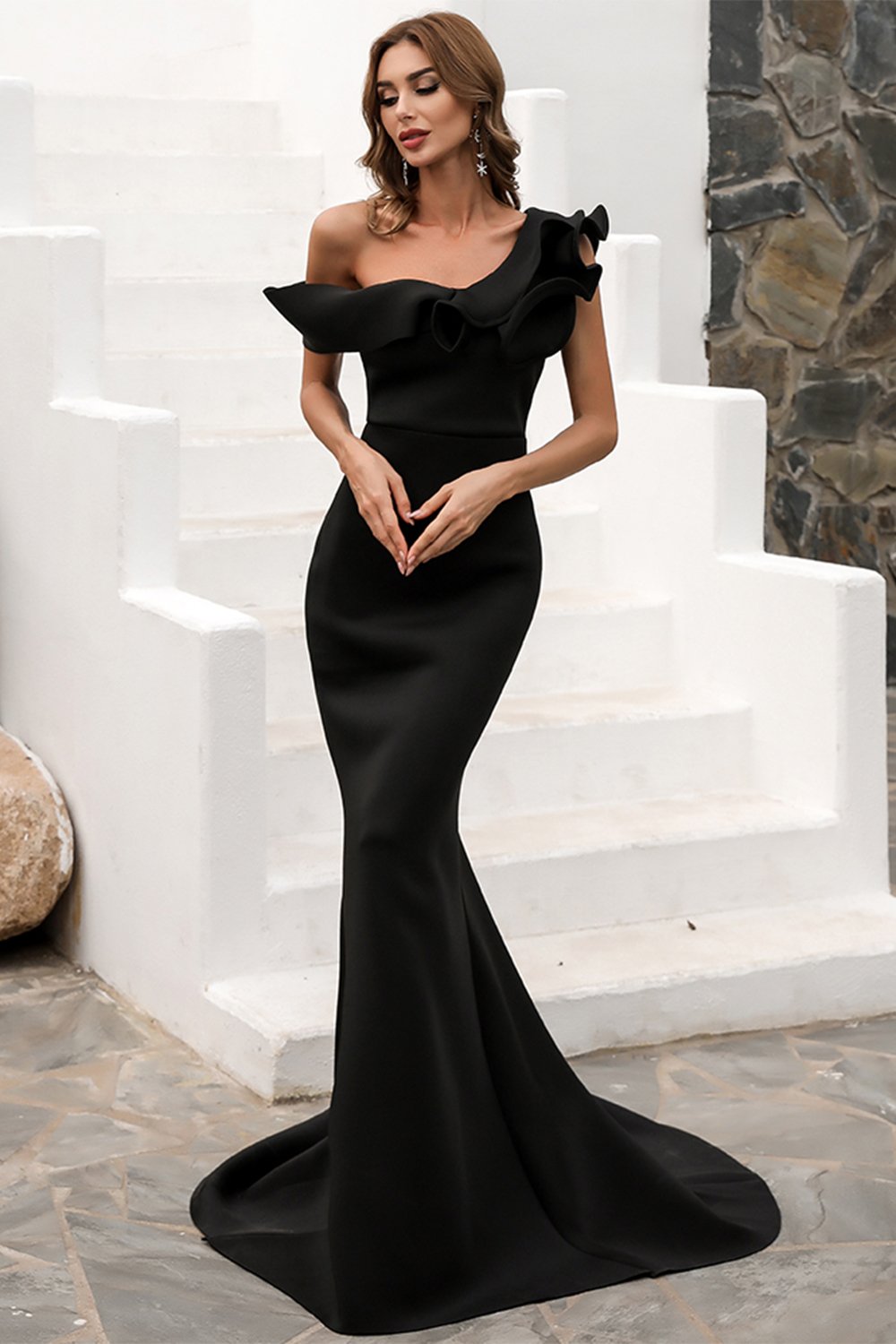 Buy Black Net With Satin Organza Hand Sheer Sleeved Mermaid Gown For Women  by Roqa Online at Aza Fashions.